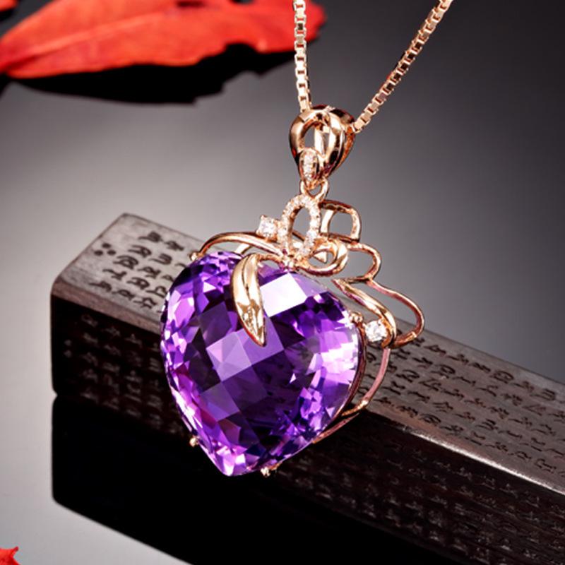 18K Gold Plated Amethyst & Diamond Heart Pendant Necklace with Creative Flower Leaf Design