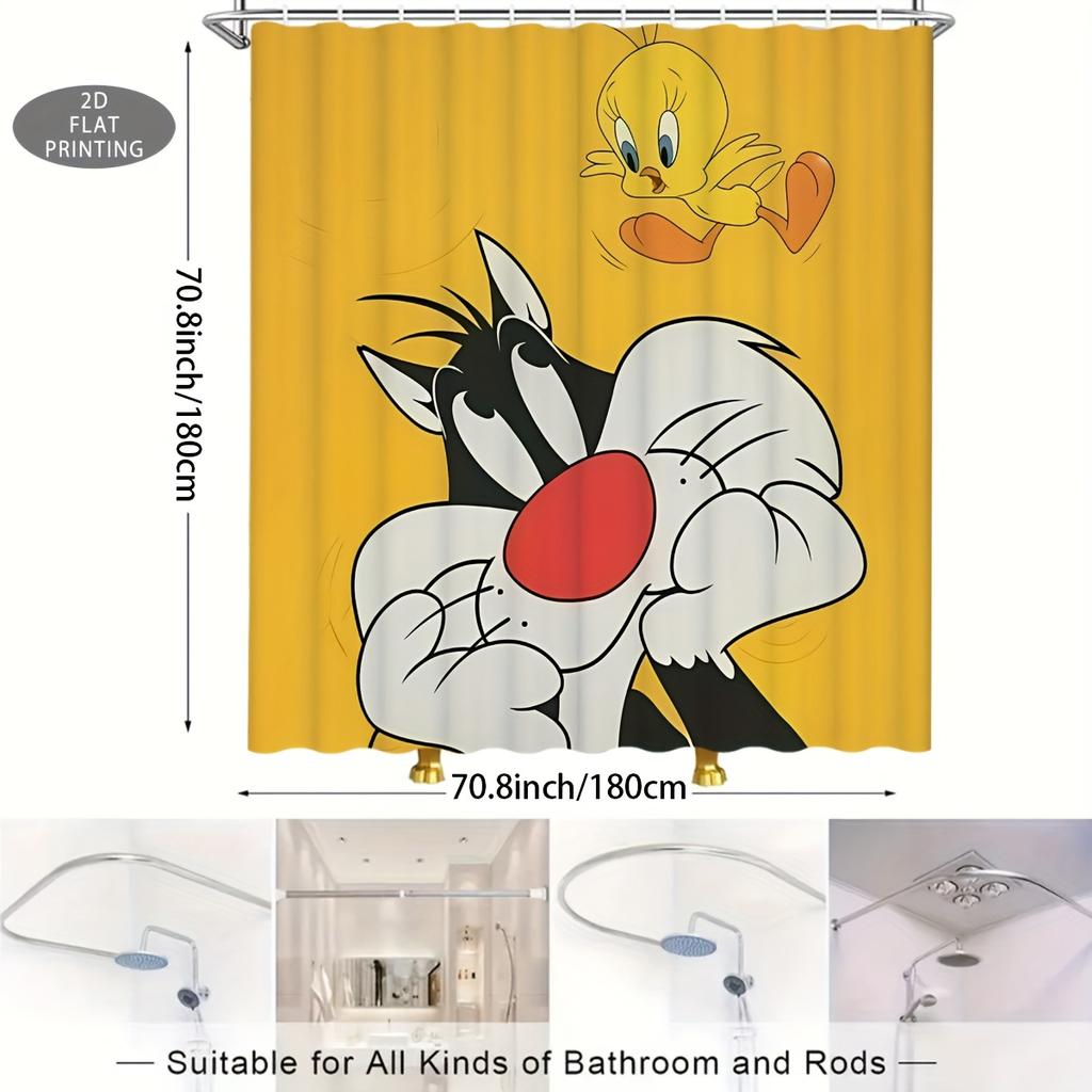 1pc 2D Flat Cat and Tweety Bird Pattern Shower Curtain, Halloween & Christmas Decoration Gift with 12 Hooks, Modern Home Bathr