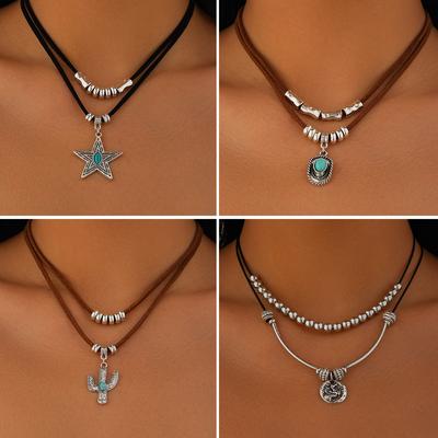 Retro Metal Love Flannel Neck Chain Jewelry, Ethnic Irregular Turquoise Cactus Necklace