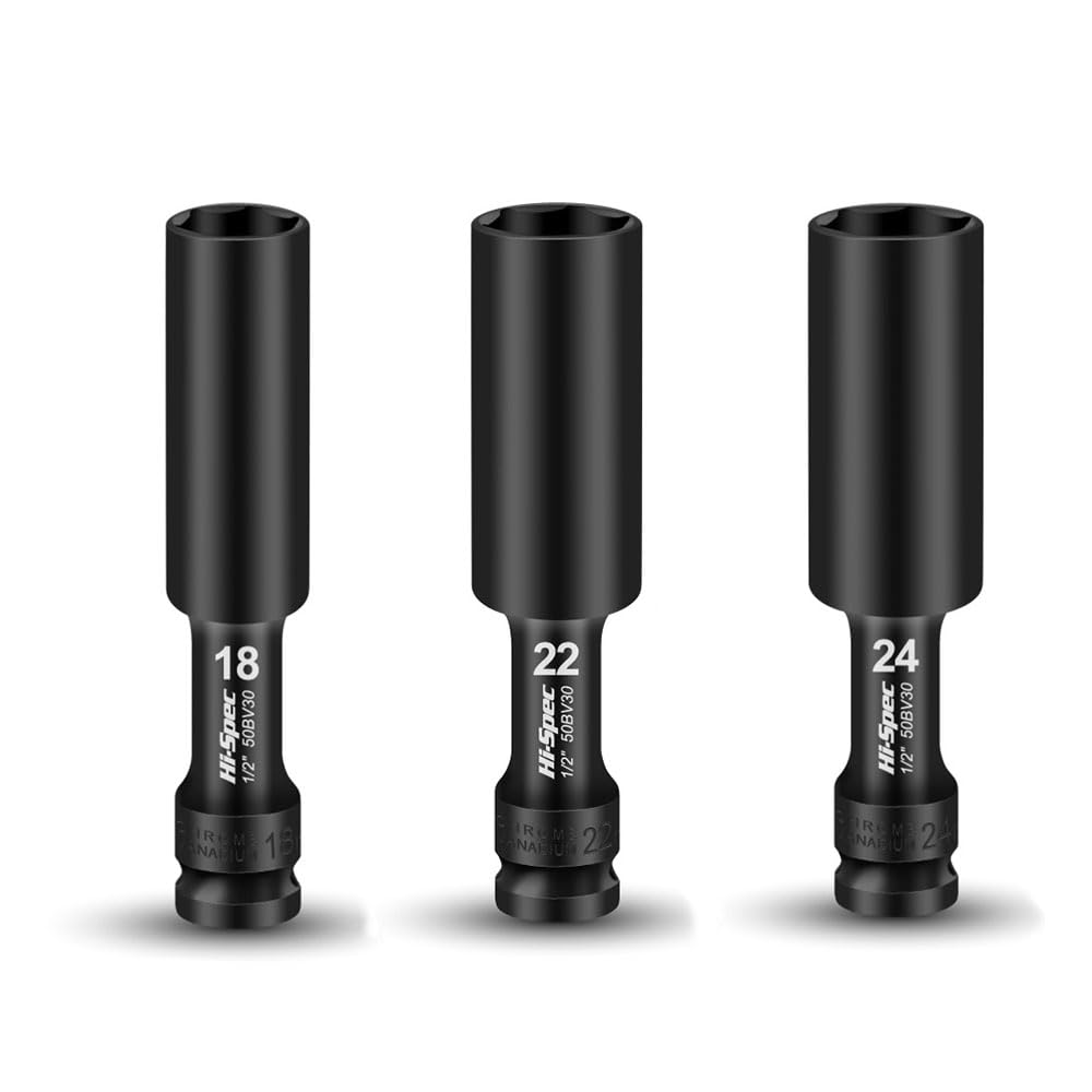 

3-piece nut twister set: Wheel nut socket, lock nut remover, impact sockets 18/22/24mm, 12.5mm drive.