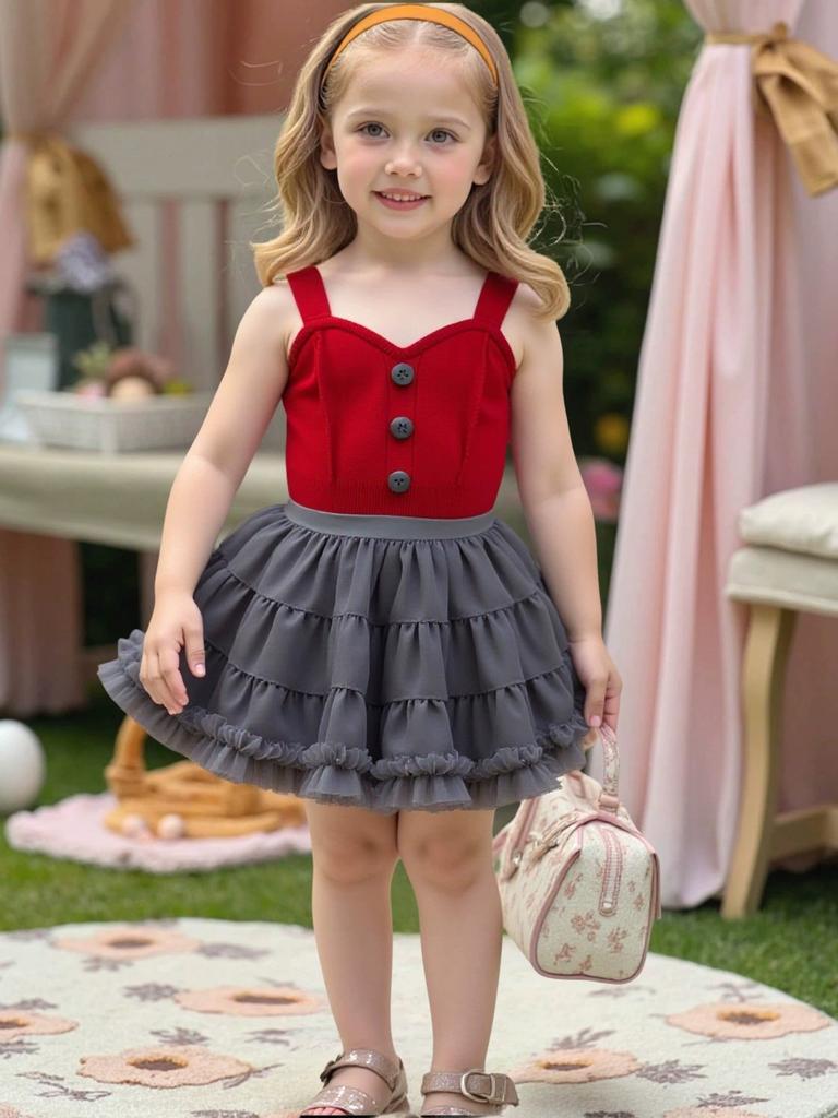 Girls Heart Button Knit Vest + Mesh Skirt Two-Piece Set