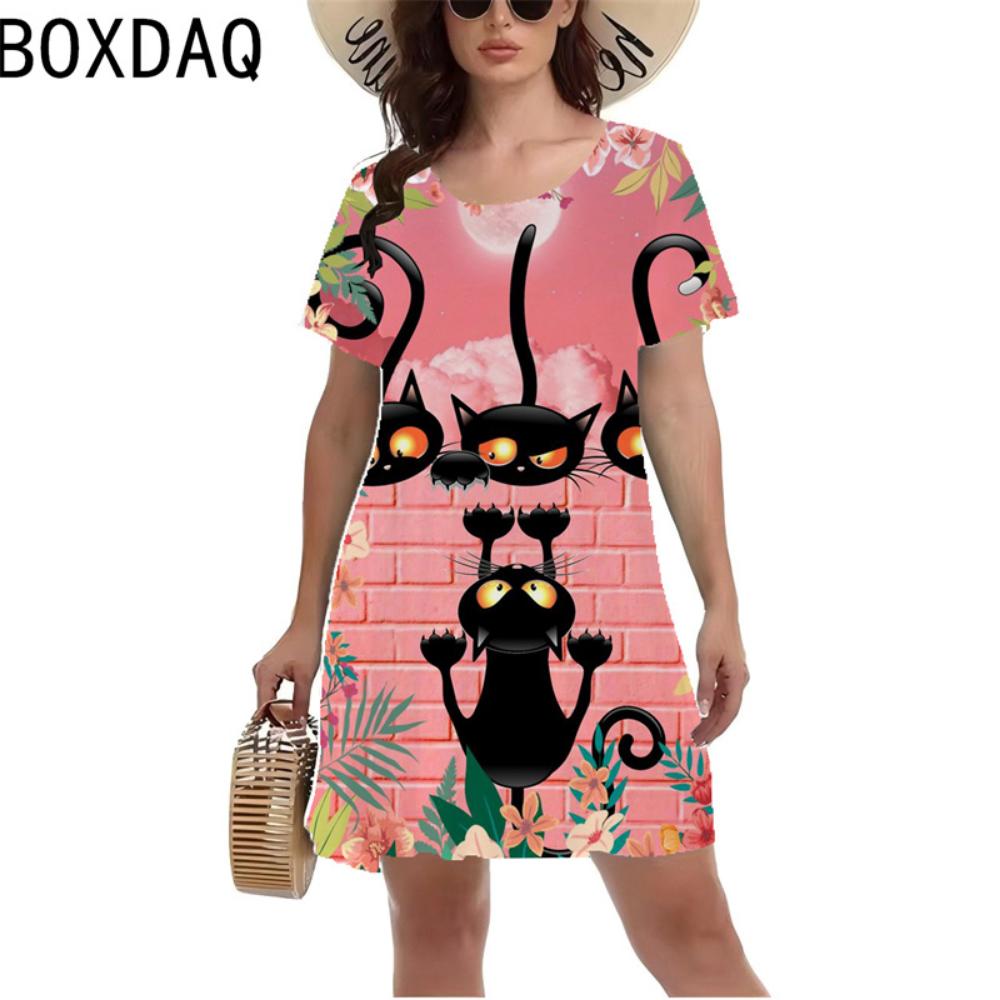 Summer Fashion 3d Funny Cat Print Dress Women's Casual A-line Dress Short-sleeved O-neck Mini Dress