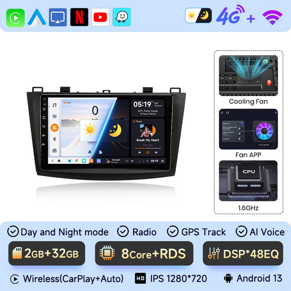 2 Din Car Radio for Mazda 3 2009 2010 2011 2012 2013 Android 13 Multimedia Player 4G GPS Navigation Carplay DVD Head Unit