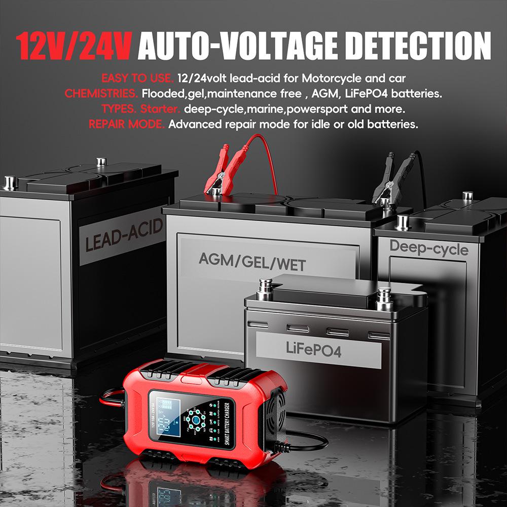 12V/24V 10A Multifunction Smart Charger for Motorcycle, Car & Van Repair