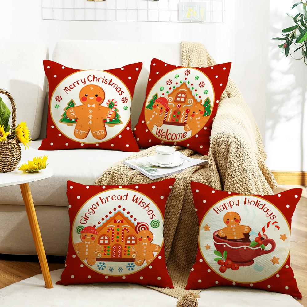 Christmas Cookie House Gingerbread Man Fairy Tale Style Red Warm Home Decoration Sofa Pillow Cover