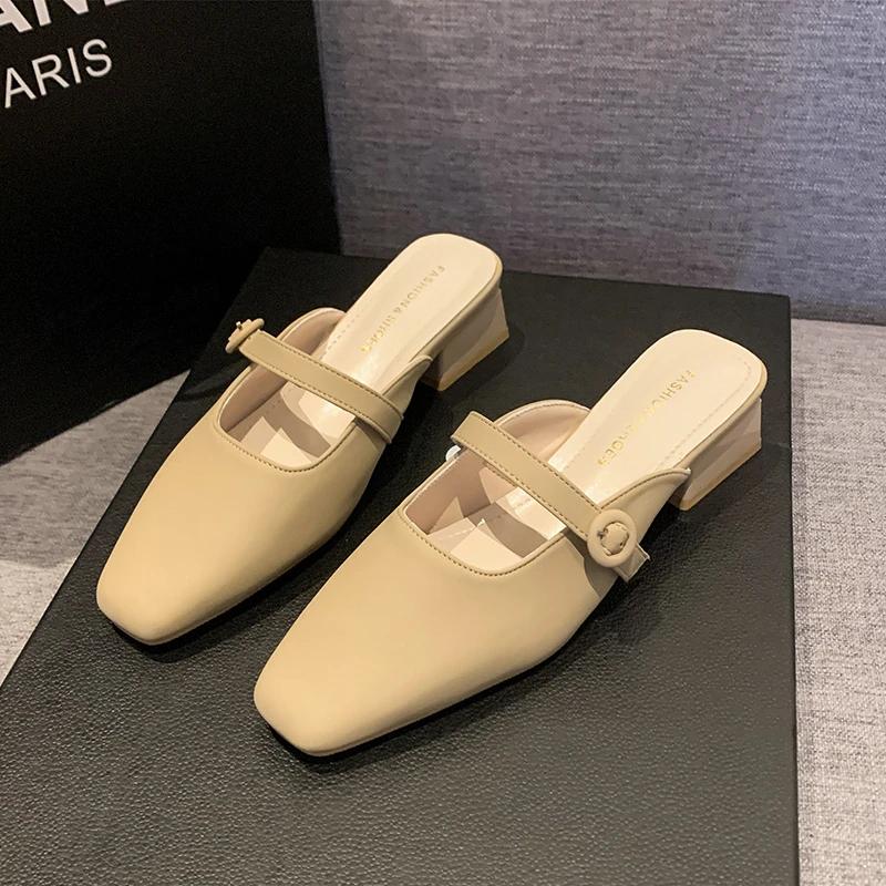 Shoes Woman's Slippers Slides Low Fashion Female Mule Cover Toe 2025 Summer Luxury Mules Hoof Heels PU Fabric Rubber Rome