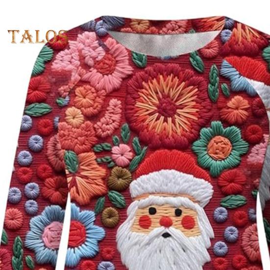 Julegenser Dame 3D Juletre Hus Trykk Rund Hals Langermet Topper Lett Ferie Genser Topper