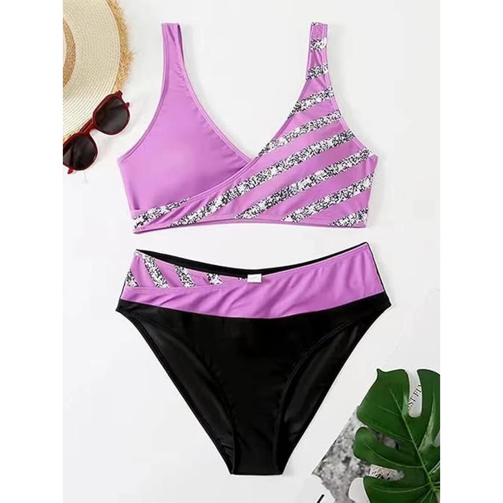 Bikini set s V výstřihem 2026 Dámský pruhovaný patchworkový plavecký úbor Letní plážové oblečení Plavky Ženské plavky Koupací plavky 3XL