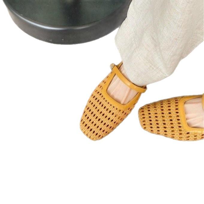 Sheepskin Version! 3cm Inner Height Increase Bag Head Half Drag Women's Summer Thick Heel Weaving Hollow Mary Jane Cool Slippers Women's Outer Wear