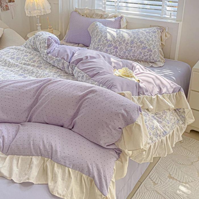 4pcs  Korean Lace Duvet Cover Set (1*Duvet Cover + 2*Pillowcase, Bed Sheet/fitted Sheet), Pink Checkered Print Bedding Set