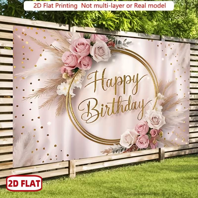 2D Black Rose Gold Birthday Backdrop, Elegant Party Photography Background Cloth