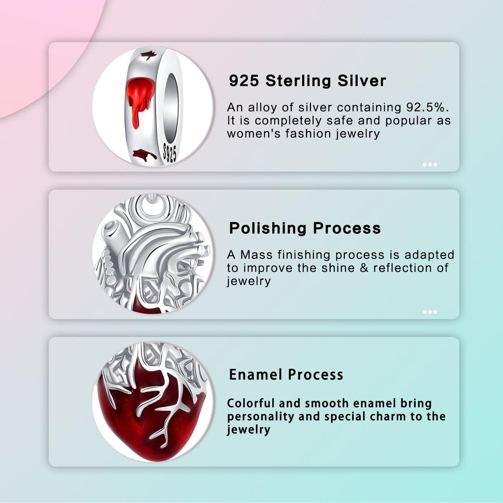 copper Gothic Design Blood Red Heart Pendant Charm Compatible With Authentic Charm Bracelets Women Do It Yourself Jewellery Gift
