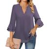 Women's Fashion Casual Seven Points Flared Sleeve Double Layer Chiffon Drawstring Solid Colour V-Neck Top