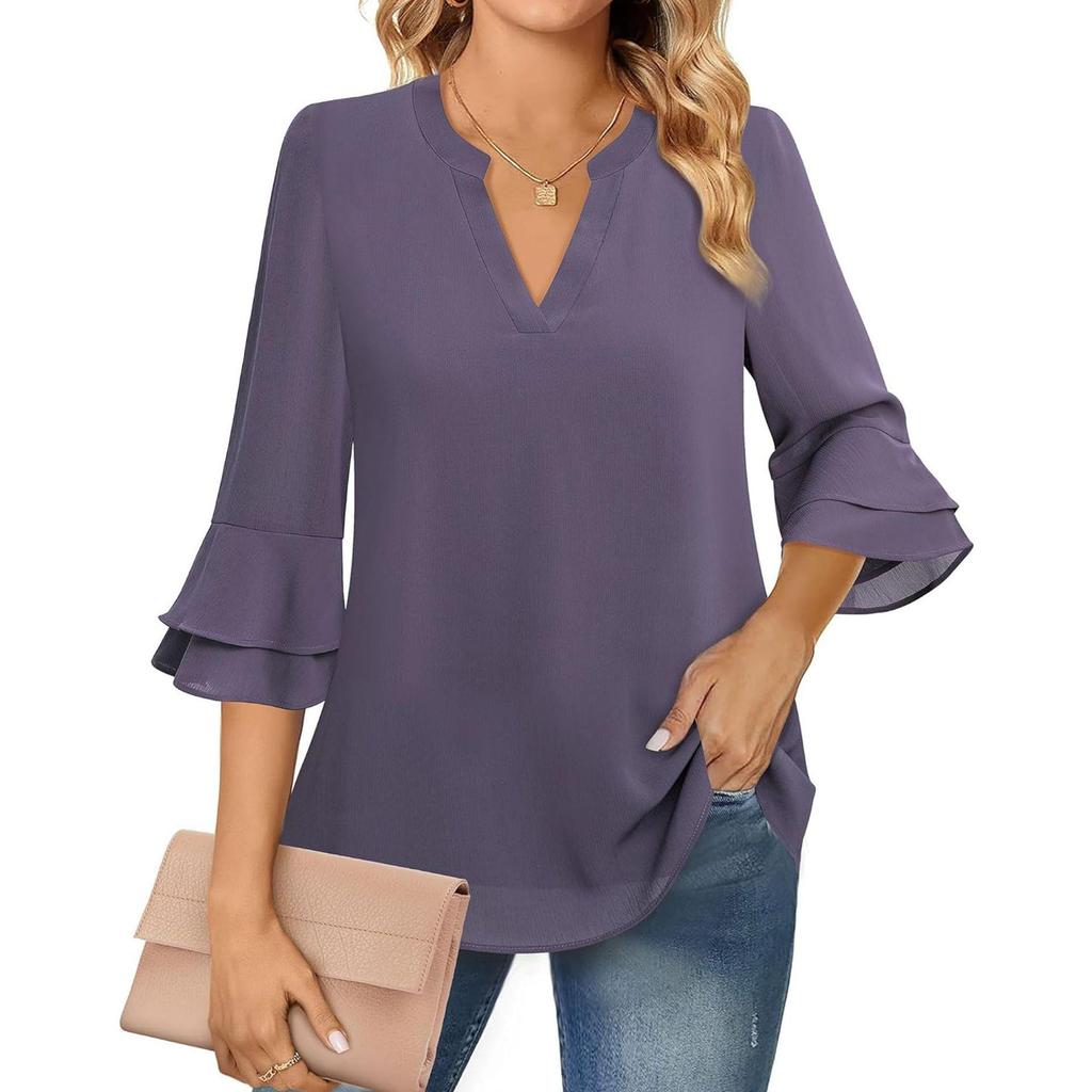 Women's Fashion Casual Seven Points Flared Sleeve Double Layer Chiffon Drawstring Solid Colour V-Neck Top