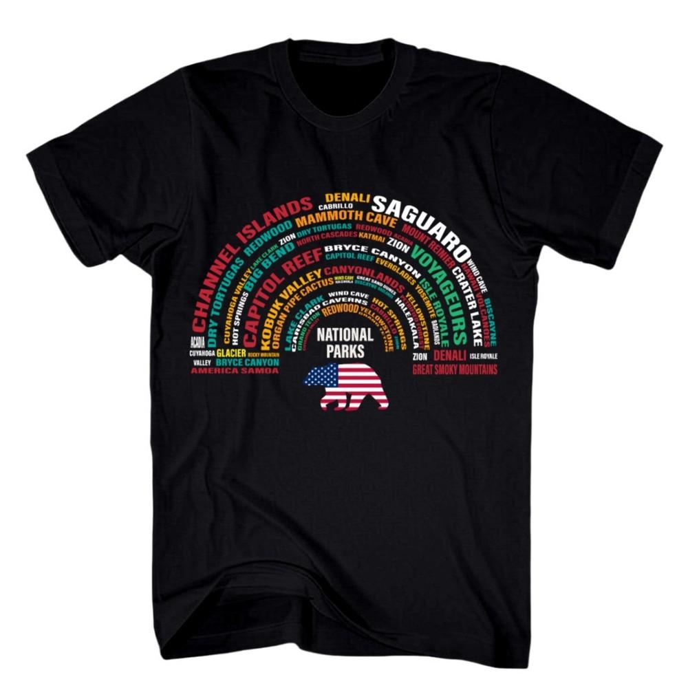 National Parks Word Cloud USA Flag Bear Graphic T-shirt