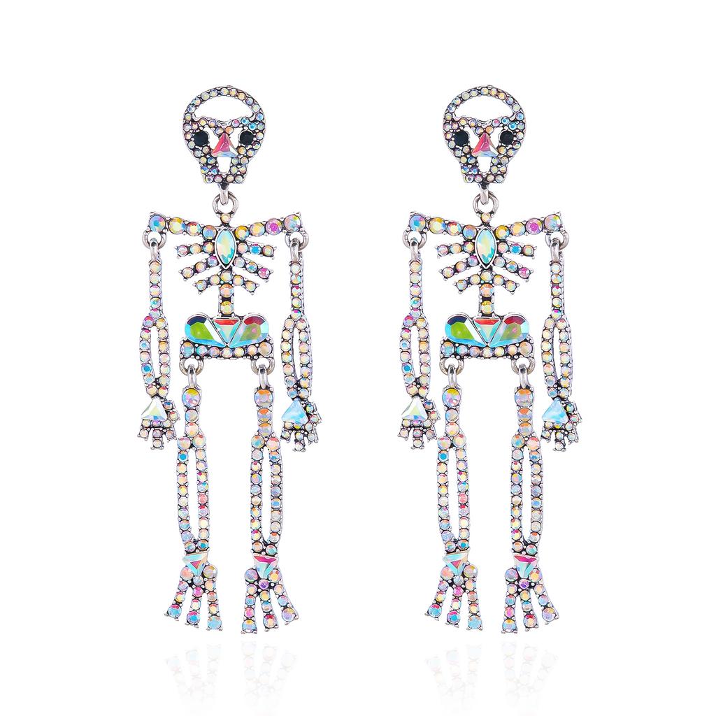 Halloween Skeleton Dangle Earrings for Women Colorful Rhinestone Moving Joint Skull Drop Earrings Gothic Punk Party Jewelry Gift