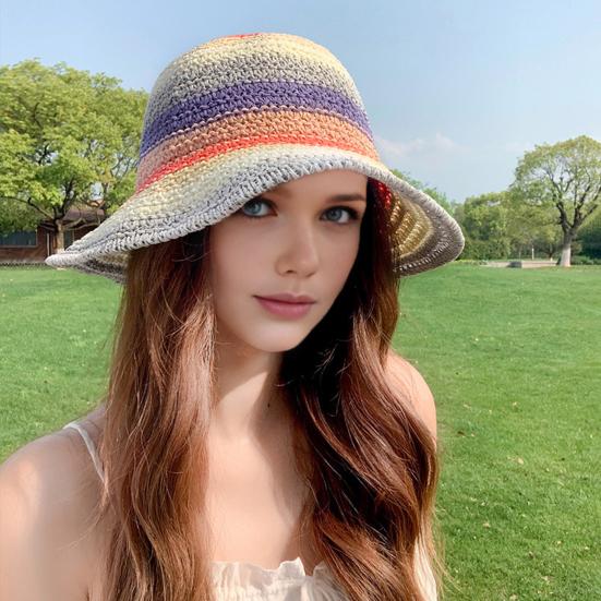 Straw Hat Rainbow Design Foldable Lightweight Breathable Sun Protection Hat Outdoor Activities Beach Travel Casual Wear