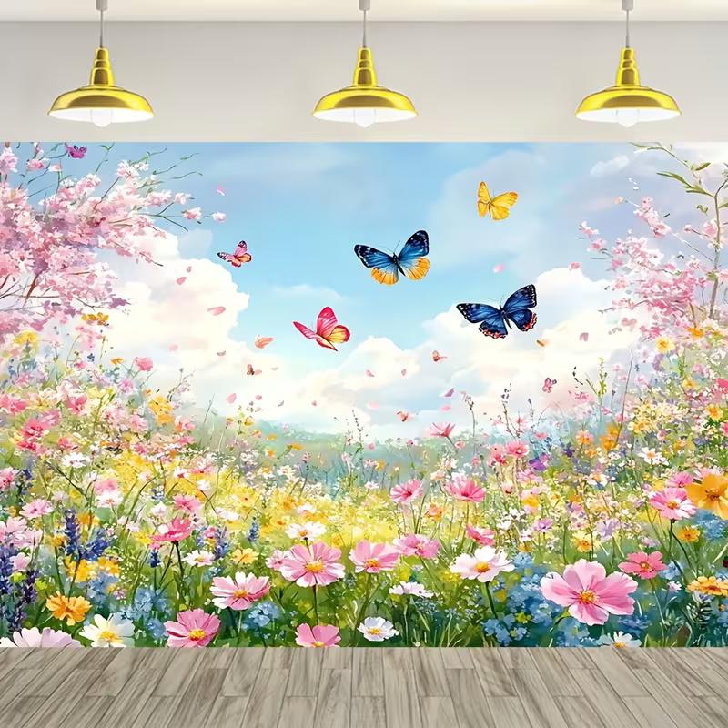 

2D Spring Photo Booth Backdrop, Colorful Garden with Wildflowers & Butterflies Background 47.2x31.5inch/120*80cm