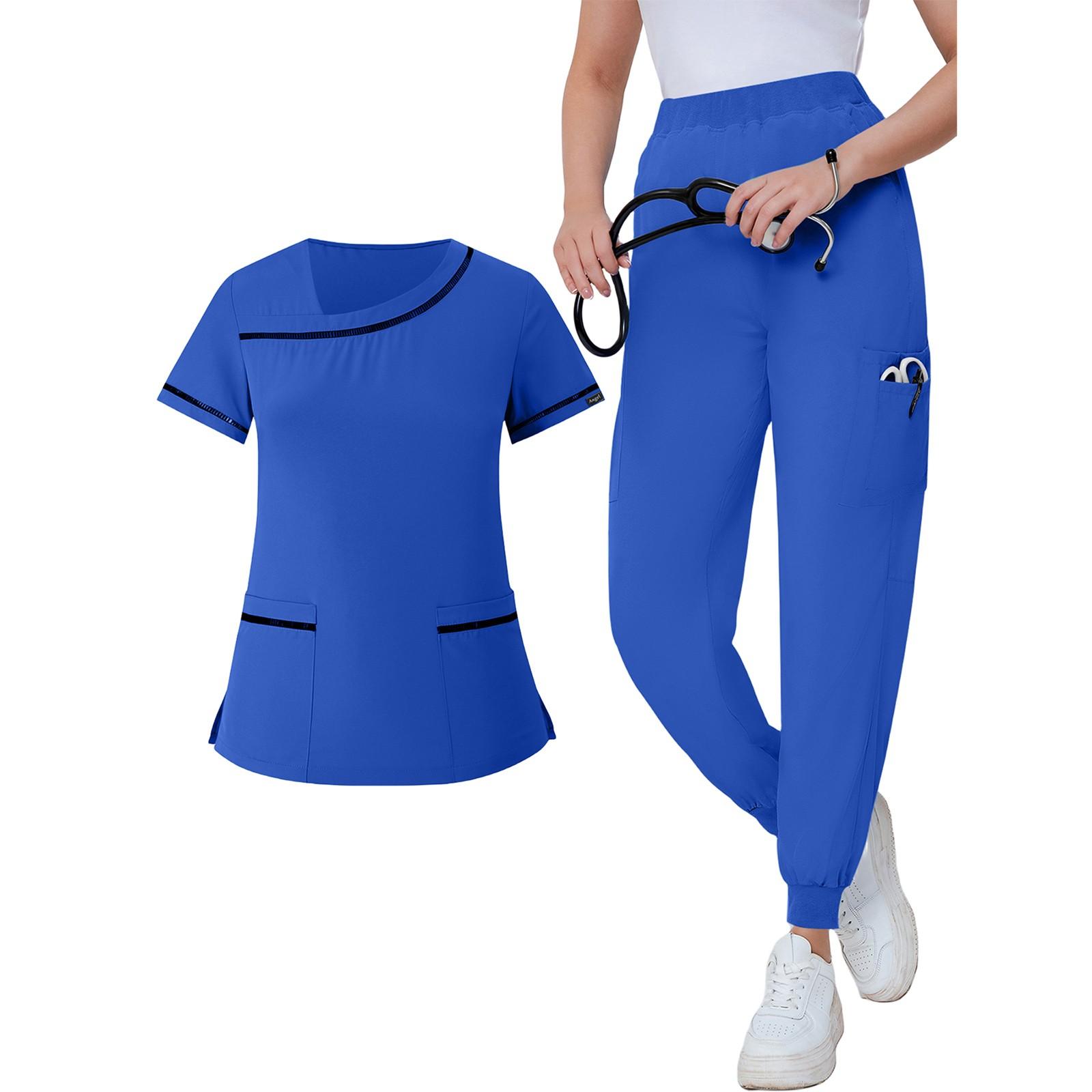 

Женский комплект из двух предметов, однотонный топ с короткими рукавами и карманами, рабочая одежда, комплект из двух предметов L синий