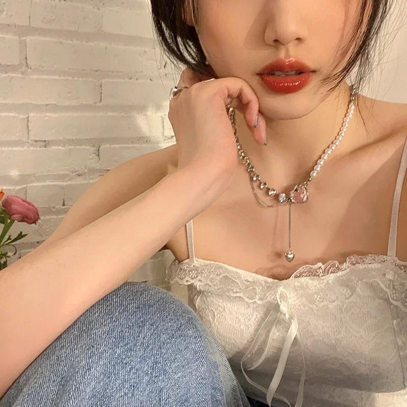 Trendy Cool Pink Zircon Love Necklace Women Light Luxury Temperament Versatile Sweet Cool Style High End Jewelry Collar Chain