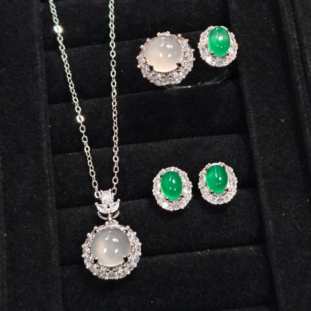Valuable Lab Jade Diamond Jewelry set 925 Silver Engagement Wedding Rings Earrings Necklace For Women Bridal Party Gift