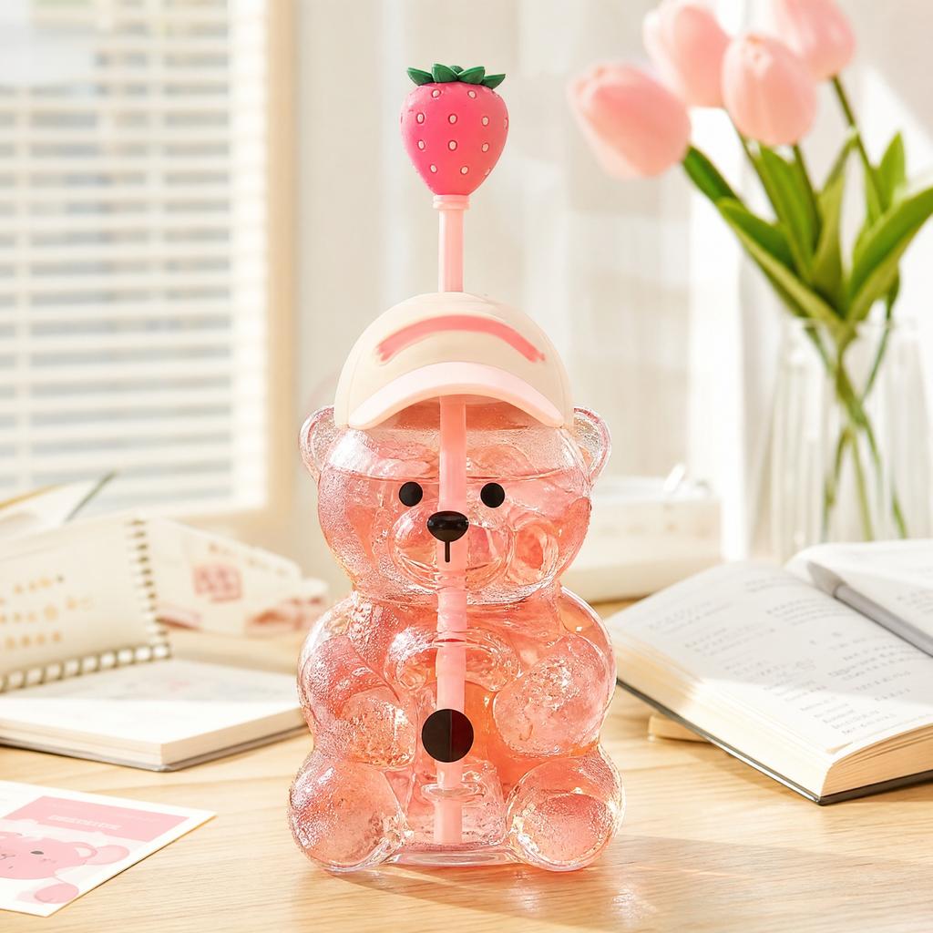 Borosilicate Glass Straw Cup with Bear Design - Reusable Drinking Glass for and Tea