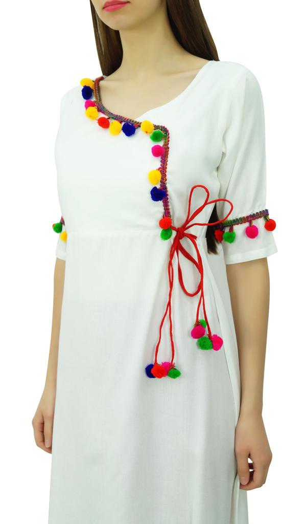 Phagun Angrakha Style Rayon Womens Tunic Kurta Pom-Pom Designer Kurti Top Indian