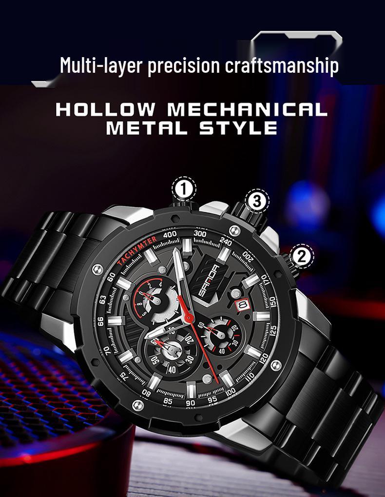 SANDA Men's Quartz Waterproof Watch with Calendar, Simple Design, Three Dials, Six Hands, and Steel Strap.