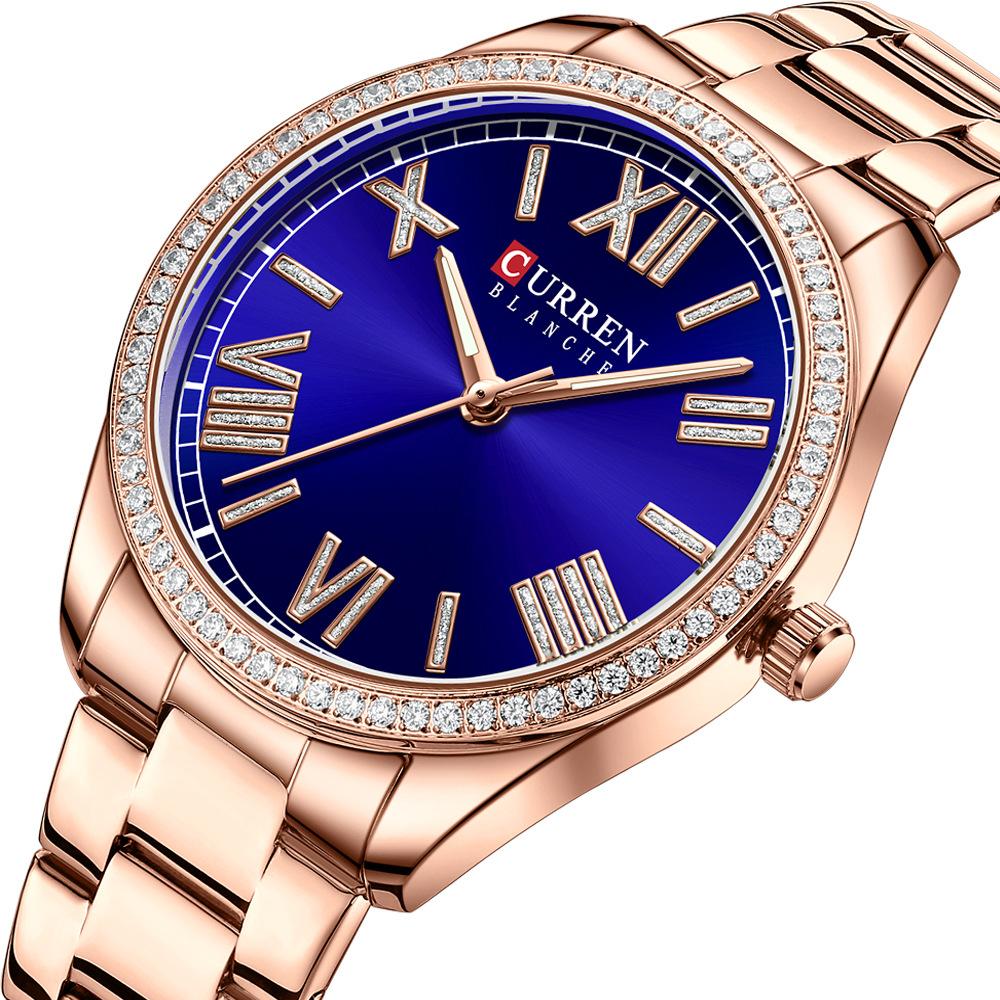 CURREN NEW Luxury Stainless Steel Wristwatches for Ladies Romantic Rose Pink with Rhinestones Roman Numeral Dial