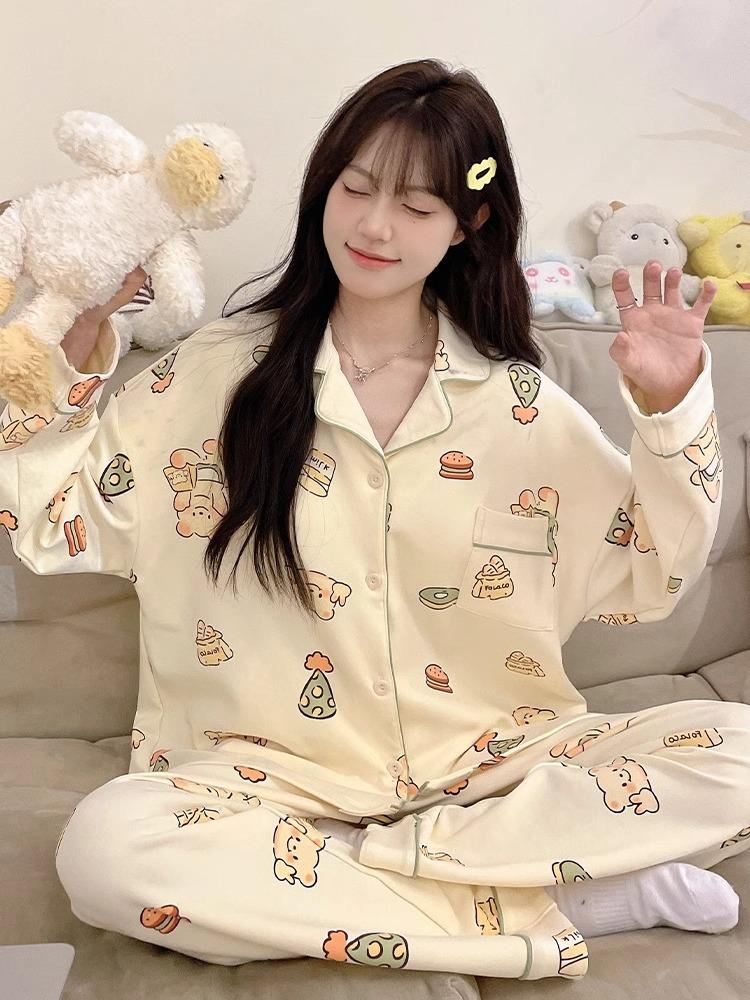 "Cute Dog Dachshund" ins cartoon spring and autumn striped pajamas women's cardigan long-sleeved loungewear autumn and winter suit