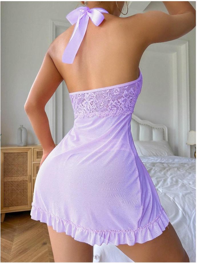Multicolor Lace Bow Mesh Print Halter Neck Nightgown Lingerie Set