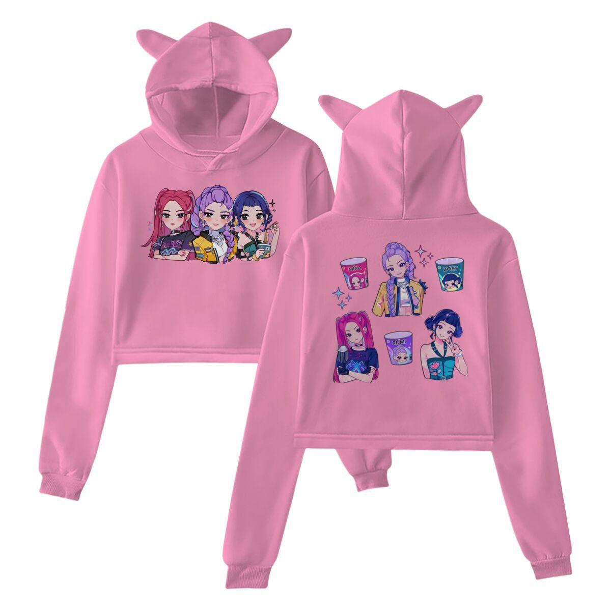 

Hot Anime Kpop Demon Hunters Print Hooded Fashion Women Girl Sweatshirt Cropped Hoodies Casual Tops Harajuku Cat Ear Sweatshirt XS рожевий