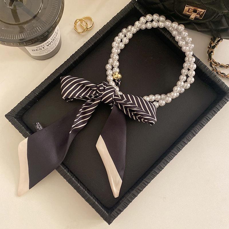 2-In-1 Detachable Pearl Headband Silk Scarf Hairband Women'S Hair Ties Elastic Hair Bands Necklace Fashionable Accessories
