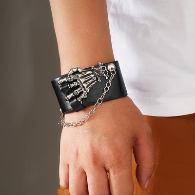 Bracelet large en cuir style punk avec tête de mort, bracelet riveté personnalisé, bracelet rétro rock, décoration d'Halloween