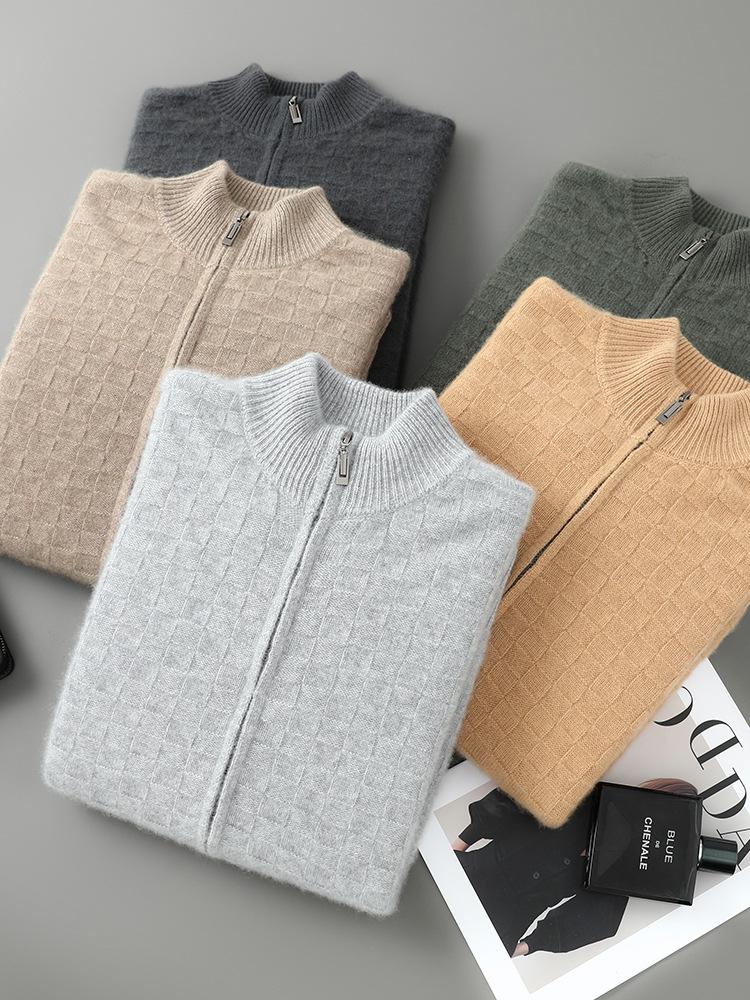 Men's Trendy Plaid Jacquard Wool Cardigan: Loose, Versatile, Long-Sleeved, Knitted, Cashmere Blend, Seven-Needle Thick.