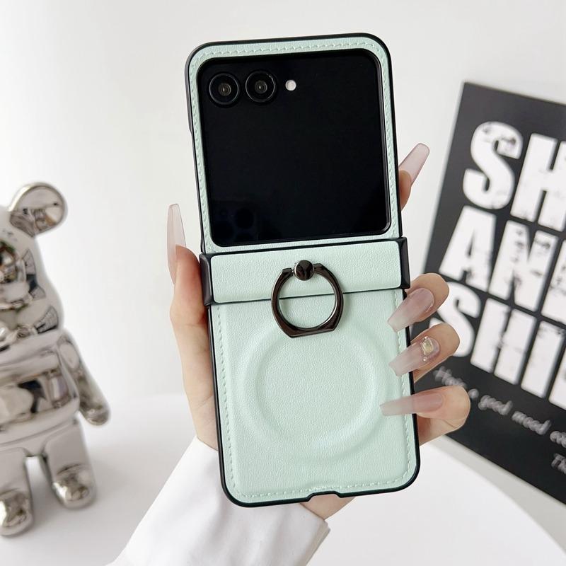 Ring Holder Leather Case for Samsung Galaxy Z Flip 7 6 Zflip 3 4 Magnetic Bracket Stand Matte Shockproof Cover