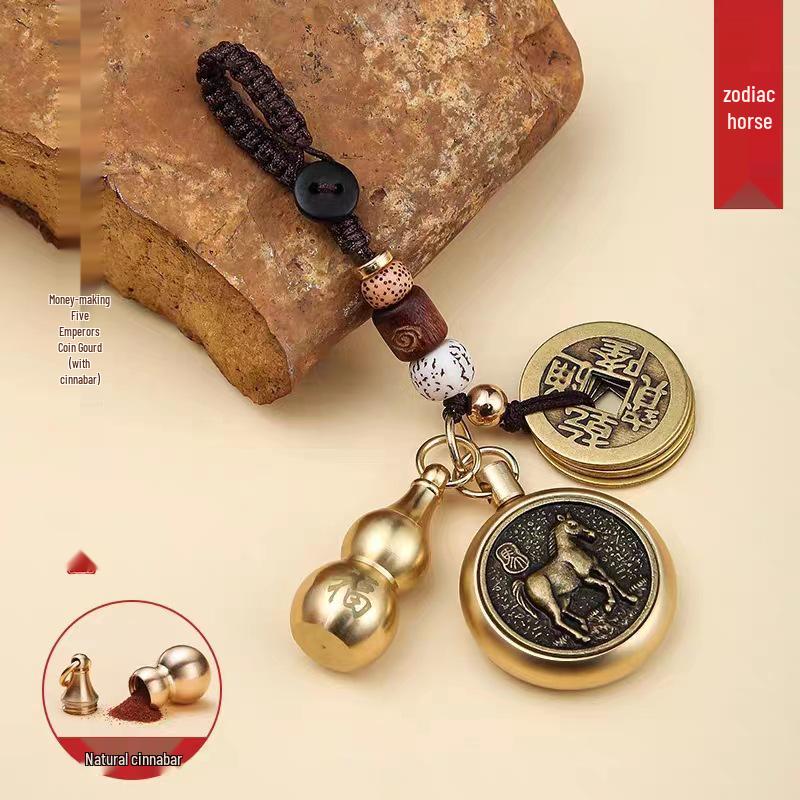 Reiner Messing Pixiu Kürbis Tierkreisanhänger mit Zinnobermünzen Schlüsselanhänger