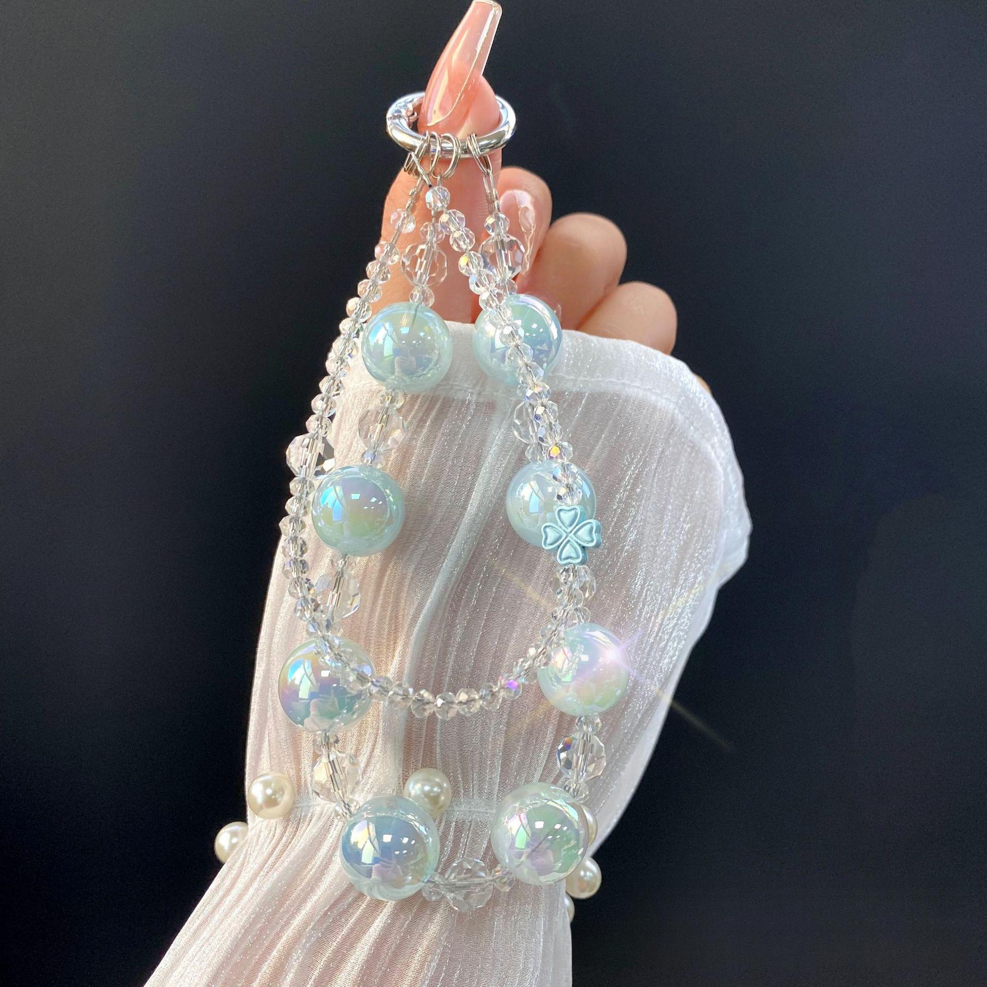 Fresh Style Luminous Round Bead Double Chain Crystal Phone Chain Acrylic Bead Keychain Bag Earphone Case Hanging Chain Lanyard синий