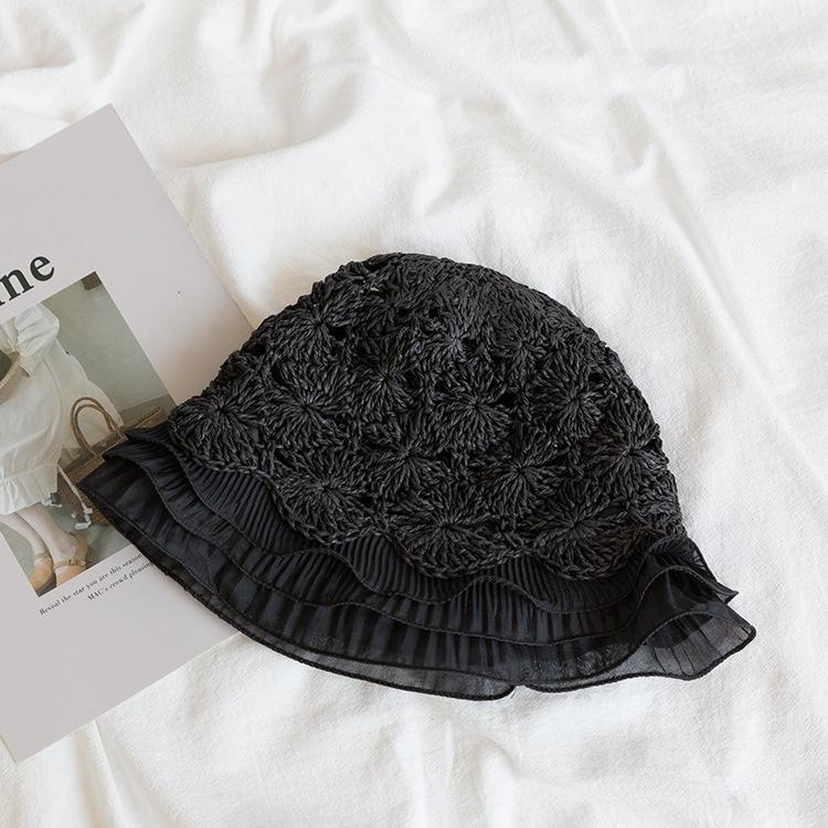Japanese Hollow Woven Lace Edge Straw Hat Women'S Summer Sweet Versatile Lotus Leaf Edge Bucket Hat Showing Face Small Vacation Pot Hat