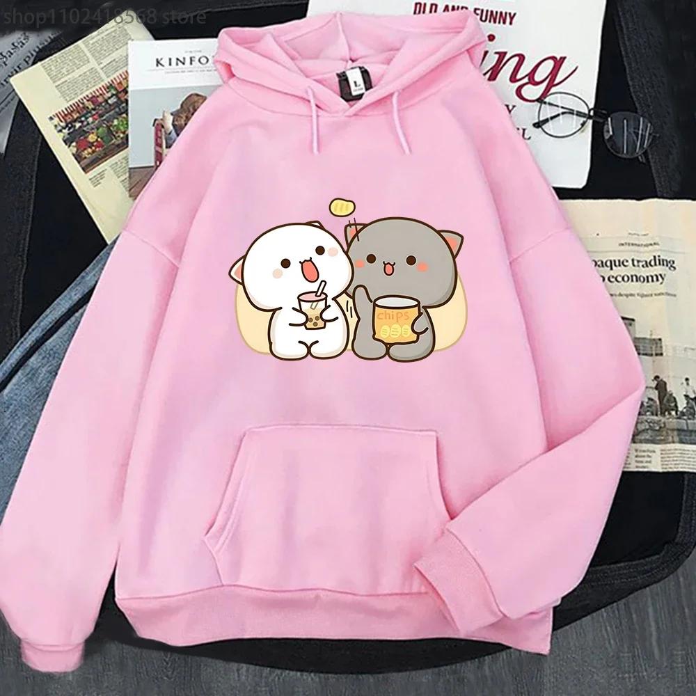 Mochi Peach Cat Hoodies Kawaii Clothing Bubble Tea Graphic Sweatshirts Harajuku Casual Camisetas De Muje Tops Women