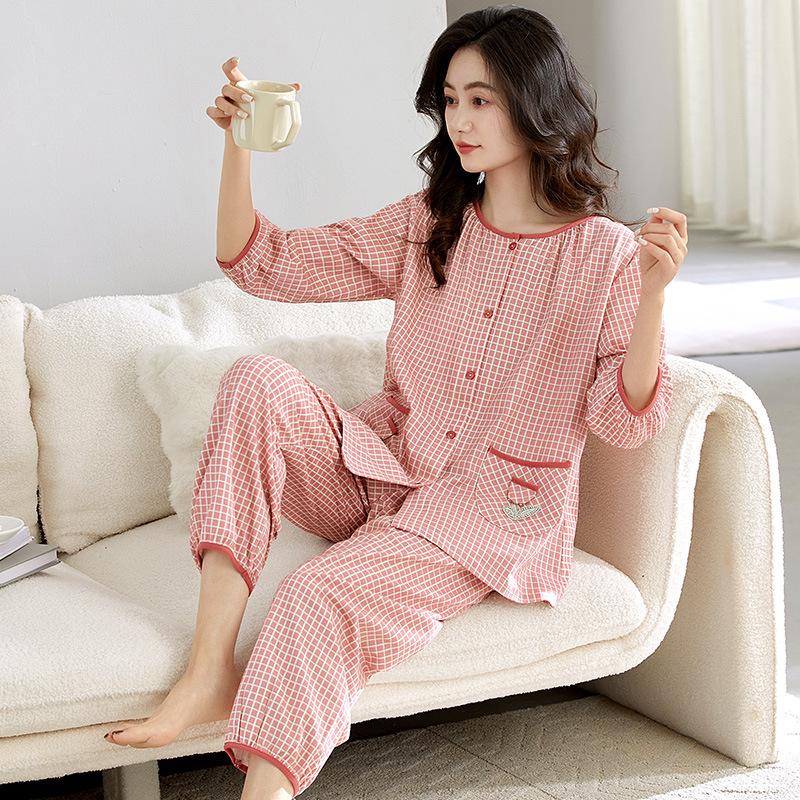 Pure Cotton Pajamas Women's Seven-quarter-sleeved Nine-point Pants Thin Cotton Summer Large-size Loungewear Set Spring and Autumn Cardigan