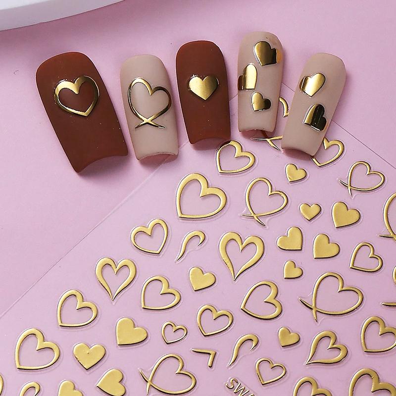 3Pcs Bronzing Love Heart Nail Stickers Red Gold Silver Line Love Nail Decals Diy Adhesive Slider Valentine'S Manicure Decoration