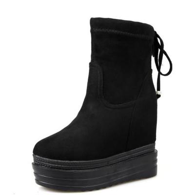 Fashion 12cm British Stretch Fabric Leather Ladies Spring Women Black Cowboy Platform Wedge ROME Ankle Knee High Booties Autumn Shoes
