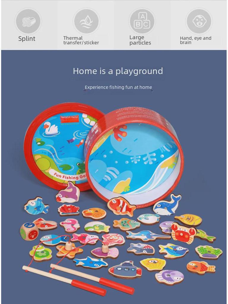 Double-Sided Wooden Magnetic Fishing Toy for Toddlers – Educational Ocean-Themed Bucket with Intelligence-Car Feature