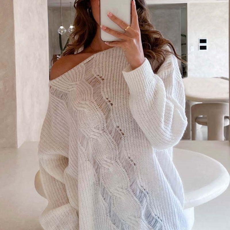 Fall and Winter European and American Women's Clothing Personality Hollow out Strapless round Neck Long Sleeves Loose Casual Sweater Tops Women