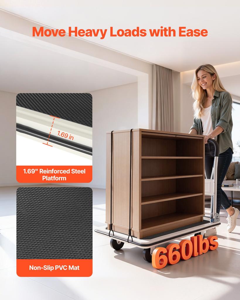 VEVOR Foldable Push Cart Dolly, 660 lbs Load Capacity, Folding Platform Truck with Swivel Wheels, Moving Platform Hand Truck Flatbed Cart