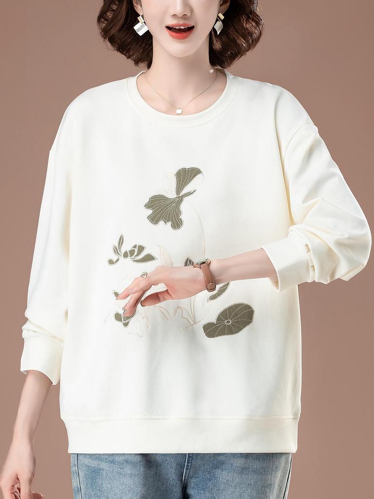 Women's Plus Size Embroidered Sweatshirt - Stylish Loose Fit for Spring & Autumn