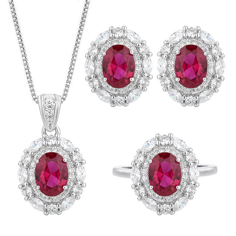 Huayei Jewelry Set, Red Corundum Necklace, Zircon Color Treasure S Silver Needle Earrings, Banquet Girl
