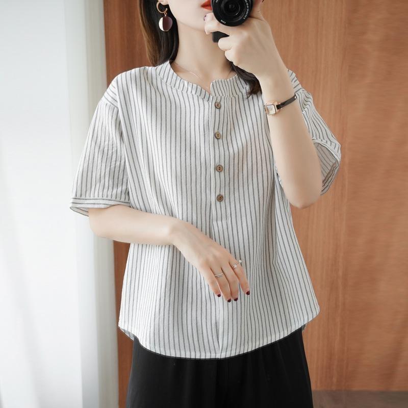 Short-sleeved T-shirt Women's Vertical Striped Blouse Summer Loose Half-sleeved Shirt