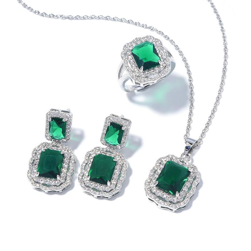 

Европейский и американский квадратный набор цирконов тяжелой промышленности, цветной набор драгоценностей, ожерелье, серьги, кольцо, ювелирные изделия open ring three-piece set